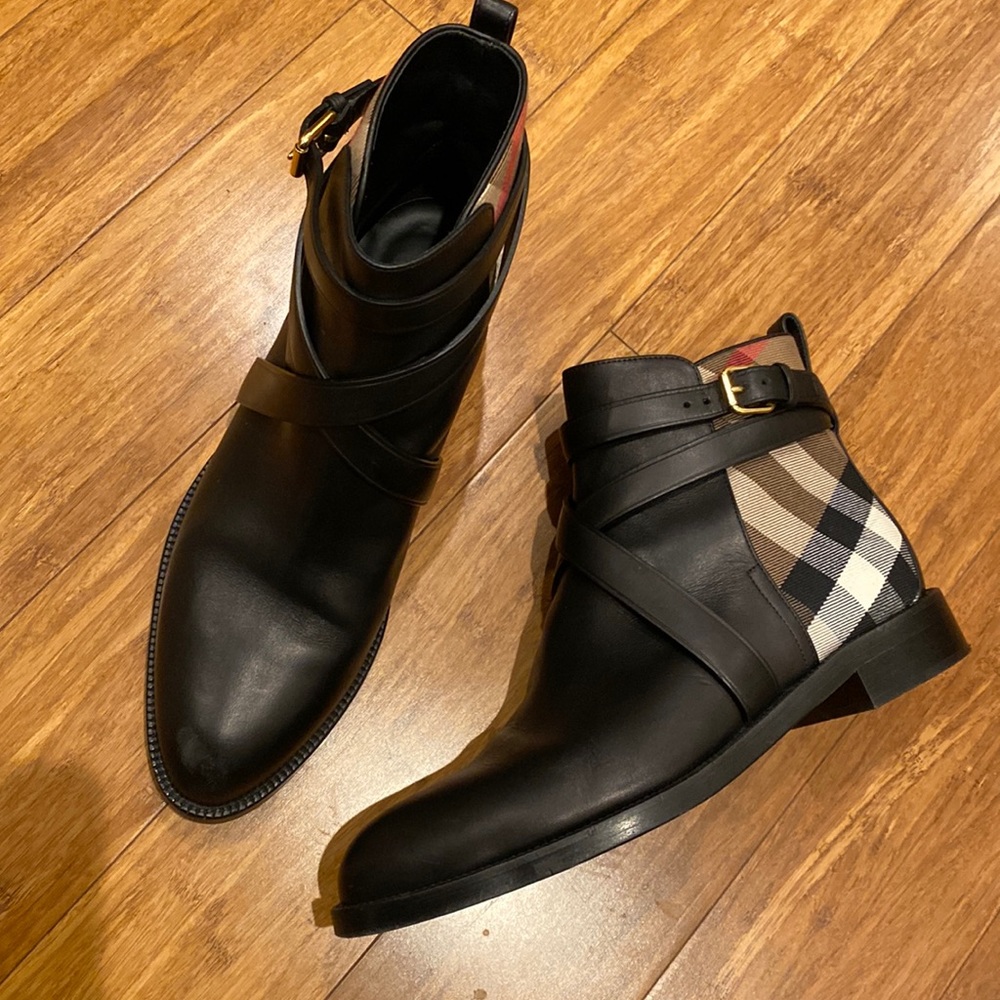House Check and Leather Ankle Boots